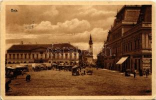 1909 Baja, Szent István tér, Városháza, piac, Fischer-féle alapítványi ház, Kohn Jakab, Sternfeld üzlete, templom (EK)