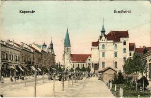 1907 Kaposvár, Erzsébet út, templom, piac, üzletek (EK)