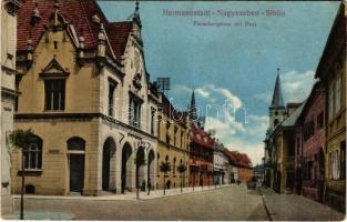 1916 Nagyszeben, Hermannstadt, Sibiu; Mészáros utca és posta / street / Fleischergasse, Post / street, post office (EK)