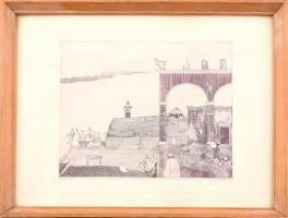 Muzsnay Ákos (1945-): Kikötő, 1979. Rézkarc, papír. Jelzett, számozott (48/50). Üvegezett fa keretben. 23x26,5 cm