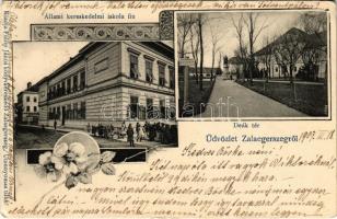 1909 Zalaegerszeg, Deák tér, Állami kereskedelmi fiúiskola. Fülöp János kiadása. Floral (EK)