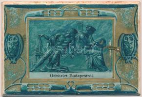 1903 Budapest, Art Nouveau litho keményhátú leporellólap. Alkotmány utca, Országház, József tér, József körút, villamos, M. kir. operaház, Iparművészeti Múzeum, Keleti pályaudvar, Lánchíd, stb. Kunstverlag Schlaf