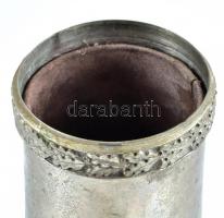 Fém váza Siófok zománc festett címerével. Bőr betéttel 24 cm