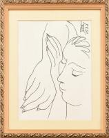 Picasso jelzéssel: Pihenő nő. Nyomat, utólagos jelzéssel, üvegezett keretben, gyűrődéssel, 24×29 cm