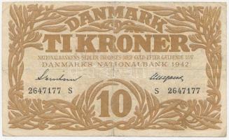 Dánia 1942. 10K "S" T:III ly., beszakadások Denmark 1942. 10 Kroner "S" C:F hole, tears Krause P#31