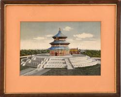 Kínai pagodát ábrázoló selyemkép keretben. 25x37 cm