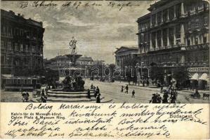 1904 Budapest VIII. Kálvin tér, Nemzeti Múzeum, villamos, szökőkút, gyógyszertár (fl)