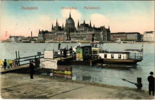 1909 Budapest V. Országház, Parlament, Hajóállomás, Lánchíd gőzhajójárat, Császár fürdői jegyáruda. Taussig A. 8704.