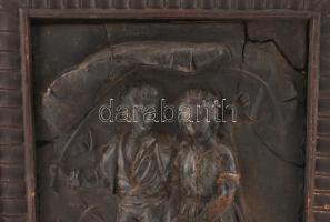 Fali (gyógyszeres) szekrényke, kabinet .XIX. sz. Faragott fa, e lején dombornyomott bőr  képpel. Sér...