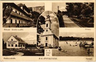 1941 Balatonkenese, Kovács József halászcsárda, Mátyás király szálló, strand, sétány, római katolikus templom  (EB)