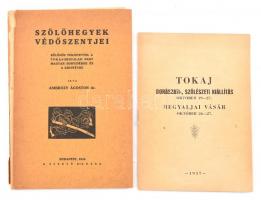 Ambrózy Ágoston: Szőlőhegyek védőszentjei. Kézzel írt bejegyzéssel. Bp., magánkiadás, 1933. Papírkötésben, a borító hátsó részén szakadás, az elülső leszakadt. + 1957 Tokaj - Borászati-, szőlészeti kiállítás, hegyaljai vásár. Programfüzet reklámokkal, tokaji történelemmel, papírkötésben.