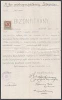 1924 Szeged, M. kir. postaigazgatóság távíró bizonyítvány, illetékbélyeggel, szakadással
