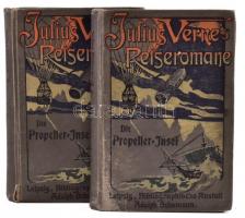 Julius Verne: Die Propeller-Insel. Band I-II. Julius Verne's Reiseromane Band 68-69. Leipzig, é.n., Bibliograpische Anstalt Adolph Schumann. Német nyelven. Kissé szakadt kiadói illusztrált egészvászon-kötés, kopott borítóval, helyenként bejegyzésekkel.