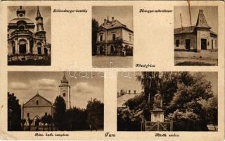 1943 Tura, Schlossberger kastély, Hangya szövetkezet üzlete, községháza, Hősök szobra, római katolikus templom (EK)