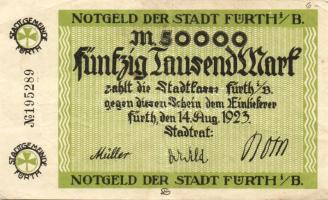 Német Birodalom/Weimari Köztársaság/Fürth 1923.8.14. 50.000M fekete sorszámmal T:II/III