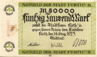 Német Birodalom/Weimari Köztársaság/Fürth 1923.8.14. 50.000M piros sorszámmal T:II/III