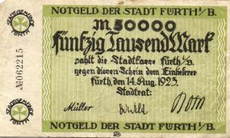 Német Birodalom/Weimari Köztársaság/Fürth 1923.8.14. 50.000M (2x) egyik piros, a másik fekete sorszámmal T:III