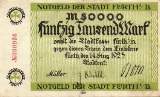 Német Birodalom/Weimari Köztársaság/Fürth 1923.8.14. 50.000M (2x) egyik piros, a másik fekete sorszá...