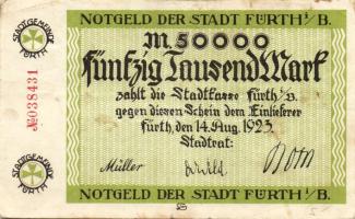 Német Birodalom/Weimari Köztársaság/Fürth 1923.8.14. 50.000M (2x) egyik piros, a másik fekete sorszámmal T:III