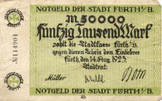 Német Birodalom/Weimari Köztársaság/Fürth 1923.8.14. 50.000M (2x) egyik piros, a másik fekete sorszá...