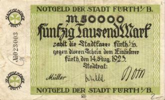 Német Birodalom/Weimari Köztársaság/Fürth 1923.8.14. 50.000M (2x) egyik piros, a másik fekete sorszá...