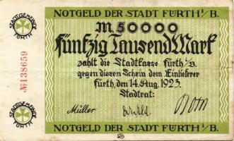 Német Birodalom/Weimari Köztársaság/Fürth 1923.8.14. 50.000M (2x) egyik piros, a másik fekete sorszámmal T:III