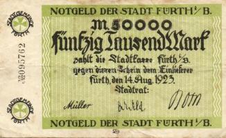 Német Birodalom/Weimari Köztársaság/Fürth 1923.8.14. 50.000M (2x) egyik piros, a másik fekete sorszá...