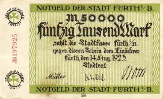 Német Birodalom/Weimari Köztársaság/Fürth 1923.8.14. 50.000M (2x) egyik piros, a másik fekete sorszámmal T:III