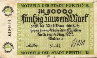 Német Birodalom/Weimari Köztársaság/Fürth 1923.8.14. 50.000M (2x) egyik piros, a másik fekete sorszá...