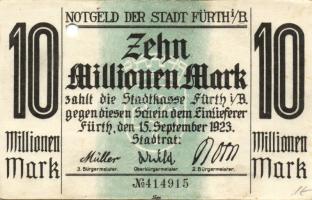 Német Birodalom/Weimari Köztársaság/Fürth 1923.9.15. 10.000.000M hivatalos érvénytelenítéssel T:II-