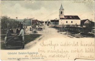 1906 Balatongyörök, Balaton-Györök; Fő utca, templom, gémeskút. Nádai Ignác kiadása (fa)