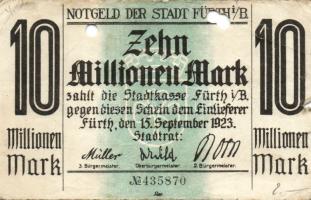 Német Birodalom/Weimari Köztársaság/Fürth 1923.9.15. 10.000.000M (2x) az egyik hivatalos érvénytelenítéssel T:III