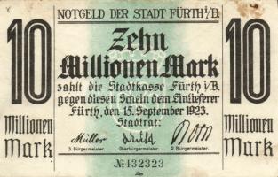 Német Birodalom/Weimari Köztársaság/Fürth 1923.9.15. 10.000.000M (2x) az egyik hivatalos érvénytelen...