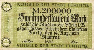 Német Birodalom/Weimari Köztársaság/Fürth 1923.8.14. 200.000M zöld sorszámmal T:III