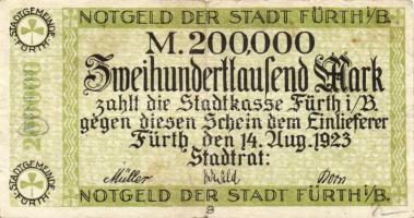 Német Birodalom/Weimari Köztársaság/Fürth 1923.8.14. 200.000M zöld sorszámmal T:III