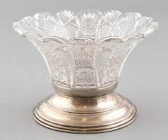 Ólomkristály asztali üvegtál, ezüst(Ag) talppal, jelzett, kis csorbával, d: 15,5 cm