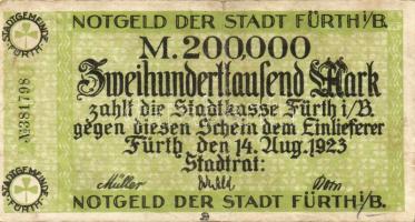 Német Birodalom/Weimari Köztársaság/Fürth 1923.8.14. 200.000M fekete sorszámmal T:III