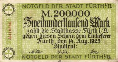 Német Birodalom/Weimari Köztársaság/Fürth 1923.8.14. 200.000M piros sorszámmal T:III