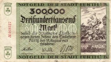 Német Birodalom/Weimari Köztársaság/Fürth 1923.8.15. 300.000M piros sorszámmal T:III