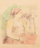 Glatz Oszkár (1872-1958): Fonó lány. Színes litográfia 24x31 cm