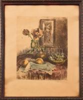 Kiss Terézia (1928- ): Csendélet. Színes rézkarc, karton, jelzett, üvegezett keretben 27x22 cm