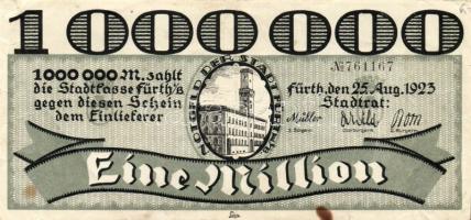 Német Birodalom/Weimari Köztársaság/Fürth 1923.8.25. 1000.000M fekete sorszámmal T:III