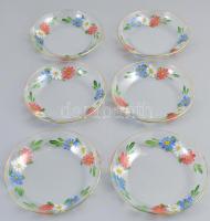 6 db kézi festésű üveg tányér d: 14,5 cm, kopásokkal