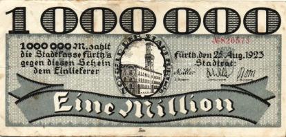 Német Birodalom/Weimari Köztársaság/Fürth 1923.8.25. 1000.000M piros sorszámmal T:III