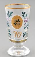Üveg pohár, Kézzel festett 70-es számmal, modern, formába öntött, hibátlan. 16 cm