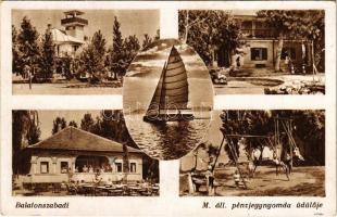 1949 Balatonszabadi, M. kir. pénzjegynyomda üdülője, villa, vitorlás, játszótér, hintázó gyerekek