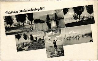 Balatonberény, strand, fürdőzők, vitorlások