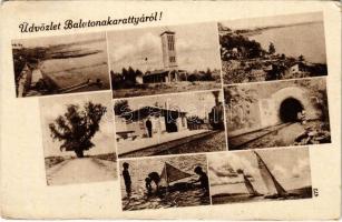 Balatonakarattya, strand, fürdőzők, vasútállomás, vasúti alagút, vitorlások (EK)