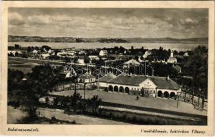 1941 Zamárdi, vasútállomás, háttérben Tihany (ázott sarkak / wet corners)