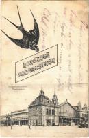1908 Budapest VI. Nyugati pályaudvar, vasútállomás, villamos. Fecskés üdvözlőlap (r)